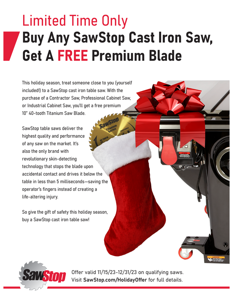 SawStop Holiday Promotion 2023 Canadian Woodworker